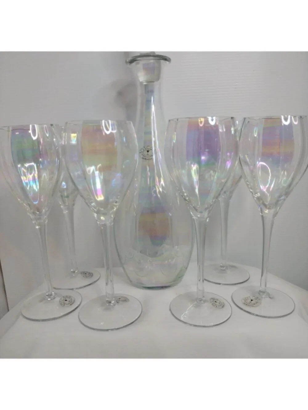 Hand blown Iridescent Toscany Wine SeT 6 Glasses Decanter W/Stopper Romania New